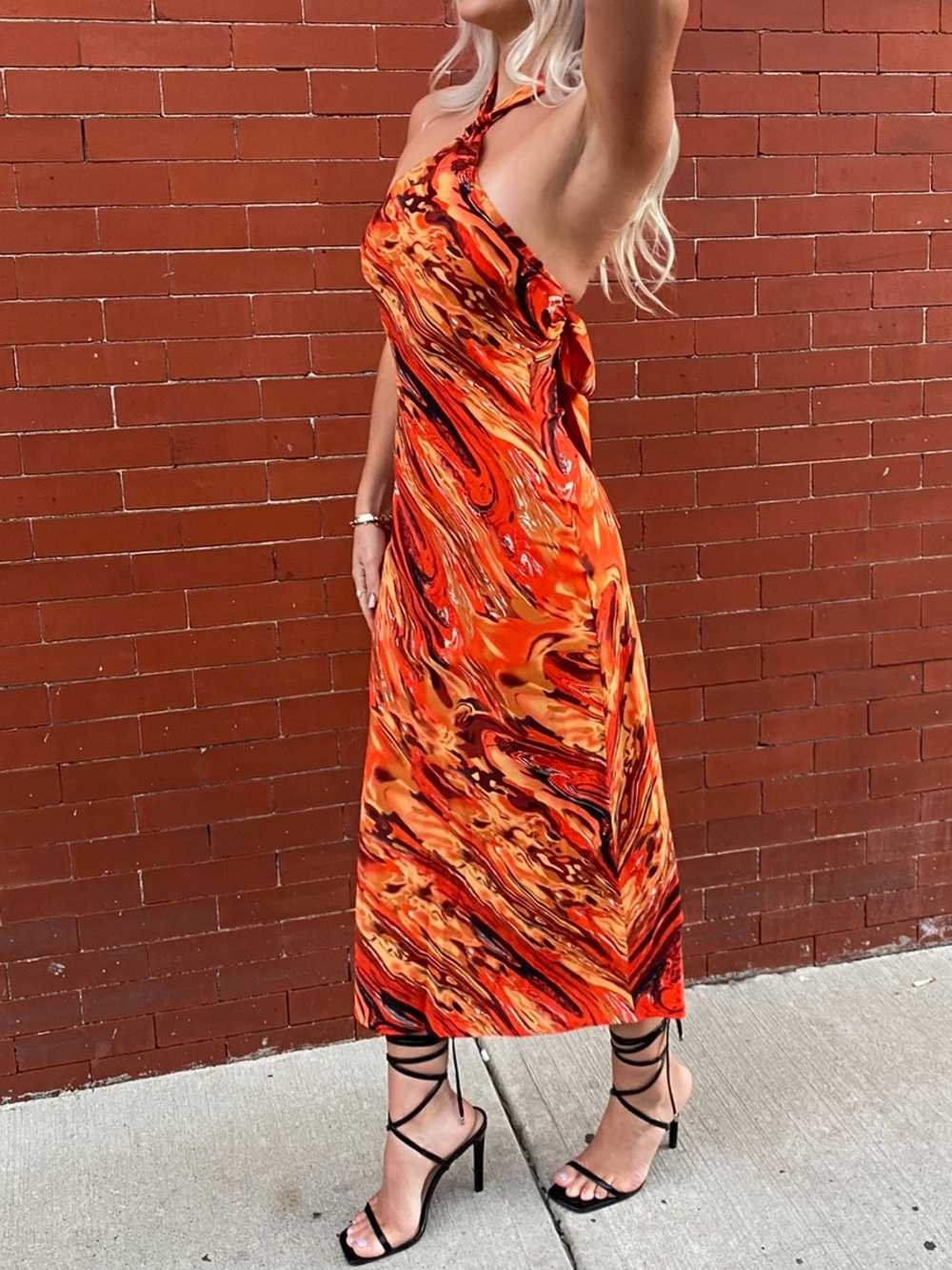 Women’s Orange Swirl Halter Midi Dress